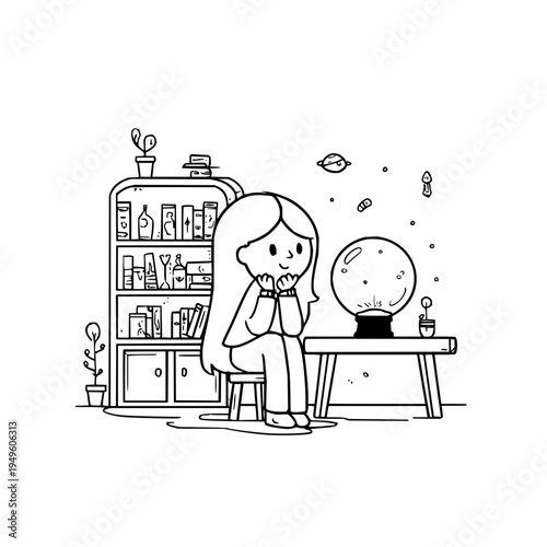 Cartoon woman gazes into crystal ball in mystical room with bookshelf and plants lost in thought and fortune telling