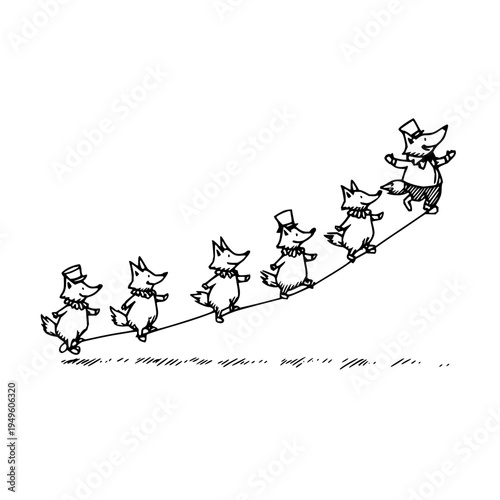 Seven cartoon dogs walking in line on a tightrope with chef hats and aprons conveying teamwork and balance in a playful illustration