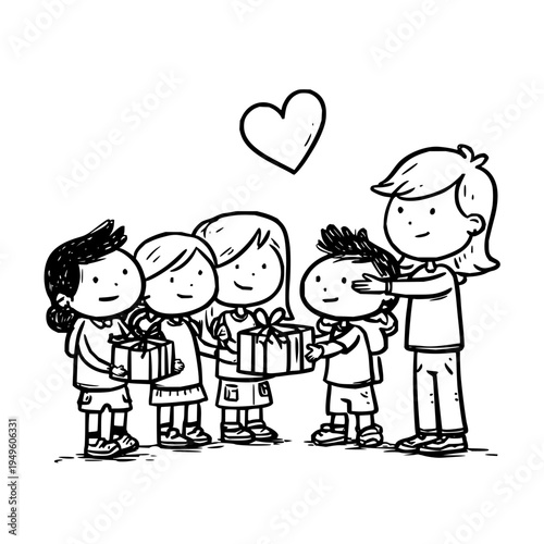 Children exchanging gifts with love and kindness a heart above them symbolizing friendship and generosity