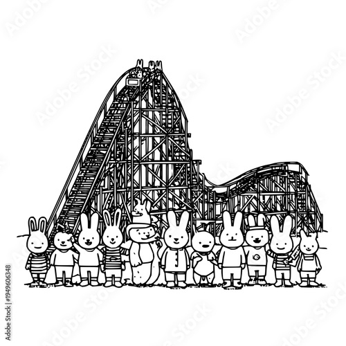 Group of cute rabbits standing in front of a large roller coaster at an amusement park black and white illustration
