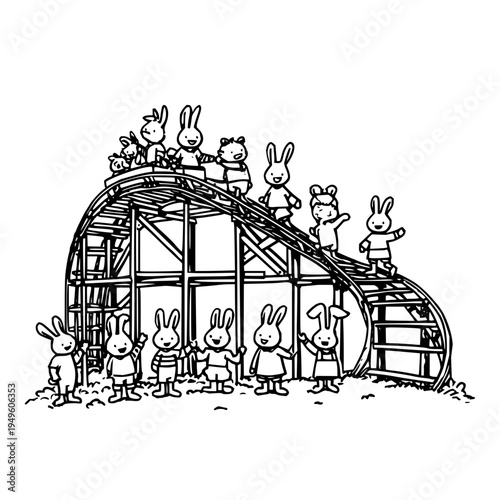 Group of rabbits on and around a wooden rollercoaster standing and waving black and white illustration