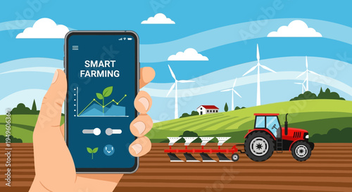 Smart farming app on a smartphone with a tractor in a field and wind turbines in the background.