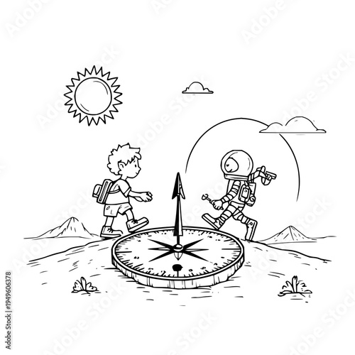 Boy and astronaut running around compass on hill with sun mountains and clouds in background adventurous scene