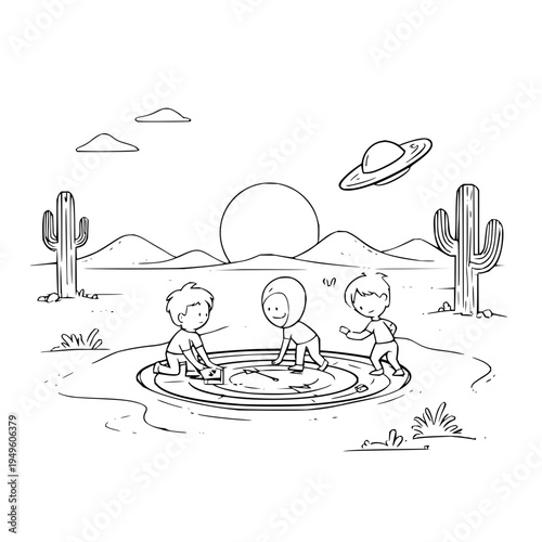 Three children play in a sandbox on a desert landscape with cacti mountains and a sunset background with a planet