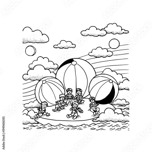 Astronauts in space with parachutes floating on clouds under sunny sky with fluffy clouds