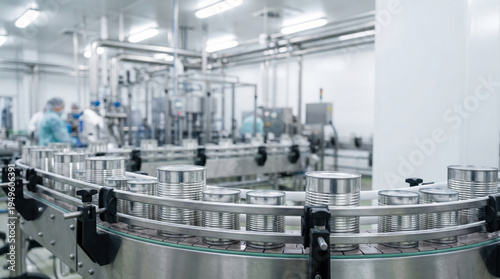 Cans move along a conveyor belt in a food processing facility as workers oversee the canning process in a busy environment. Equipment operates steadily in the background
