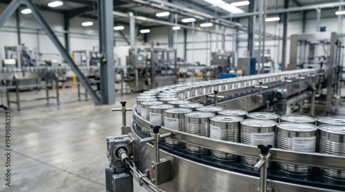 A factory setting shows a conveyor belt moving rows of cans. Workers can be seen in the background. Machines are busy processing products. The lighting is bright and the floor is clean