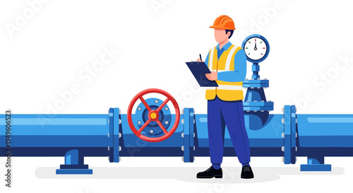 Illustration of a worker in a yellow vest inspecting a large blue industrial pipe with valves and gauges.