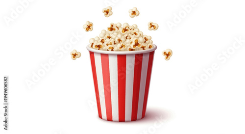 A red and white striped popcorn bucket overflowing with popping popcorn on a white background