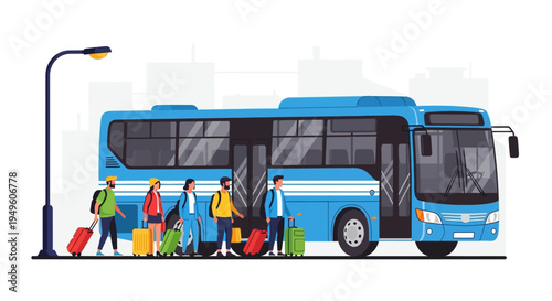 Illustration of travelers with luggage boarding a blue city bus at a street stop