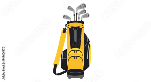 Yellow and black golf bag with clubs on a white background
