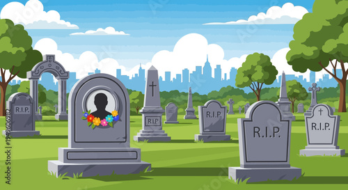 Cartoon cemetery scene with colorful tombstone and city skyline in background