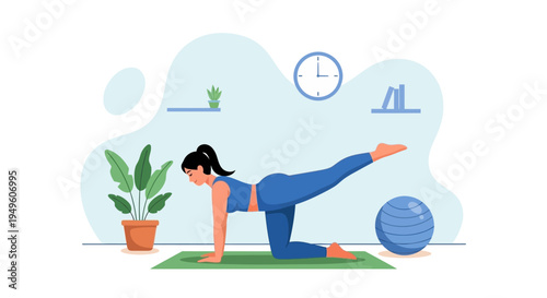 Illustration of a woman doing a yoga pose on a green mat with a blue exercise ball and potted plant in the background.