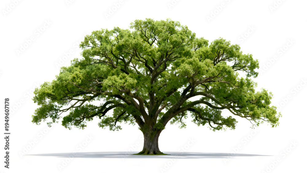 Obraz premium Majestic ancient oak tree with lush green foliage on a clean white background, isolated studio shot