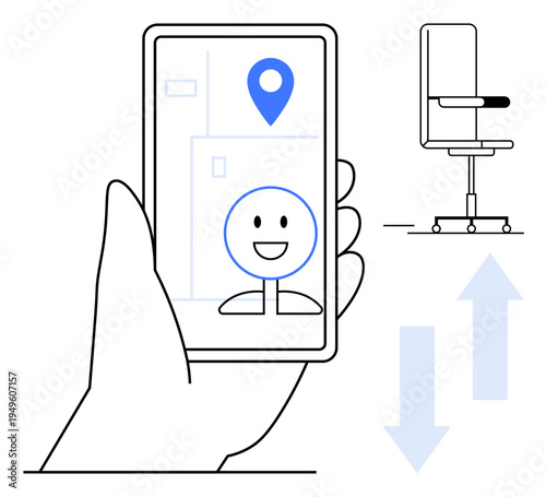 Navigation, remote work, ergonomic setup, workplace design, technology integration, mobility. Hand holding smartphone with geolocation pin and happy face, office chair with movement arrows