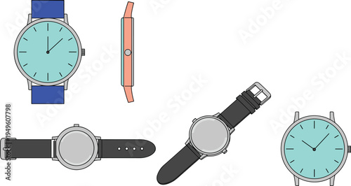 Classic Analog Wristwatch Vector Icon Set Featuring Front Face, Side Profile, and Back View with Leather and Silicone Straps for Time Management and Fashion Design