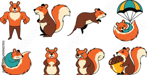 Cute Squirrel Cartoon Character Mascot Set with Various Poses and Emotions Including Strong Muscular Squirrel, Parachuting, Holding Acorn, Sleeping, and Angry Expressions for Kids Illustration