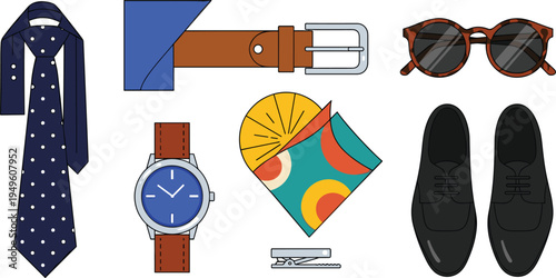 Elegant Men's Fashion Accessory Collection Featuring Polka Dot Necktie, Leather Wristwatch, Formal Belt, Sunglasses, Colorful Pocket Square, and Classic Black Dress Shoes