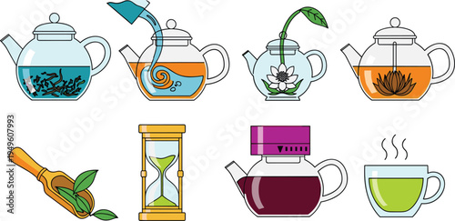 Glass Teapot and Brewing Process Vector Icon Set Featuring Steeping Leaves, Hourglass Timer, Wooden Tea Scoop, Blooming Herbal Infusion, and Steaming Green Tea Cup