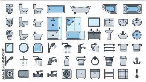 Bathroom Fixture Plan Symbol Vector Set Top View Flat Icons for Architectural Interior Design and Floor Plans