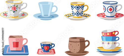 Vintage and Modern Teacup Collection Featuring Floral Porcelain Saucers, Geometric Coffee Mugs, Rustic Stoneware, and Stacked Ceramic Dishes for Kitchen and Cafe Interior Design