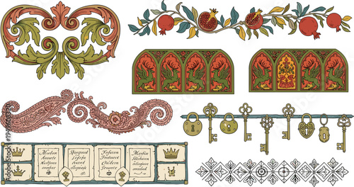 Antique Medieval Ornament Set with Gothic Arches Pomegranate Fruit Border Heraldic Griffin Symbols Vintage Skeleton Keys and Renaissance Manuscript Elements for Historical Branding and Luxury Invitati
