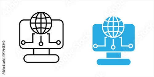 Minimal outline icon SET. of computer monitor with globe and connected nodes representing global network, internet technology, digital communication, and data connectivity.