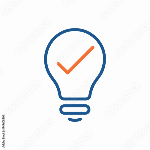 Light bulb with orange check mark inside representing confirmed innovation, creative solution, insight, approval, and successful idea. Thin line icon editable stroke