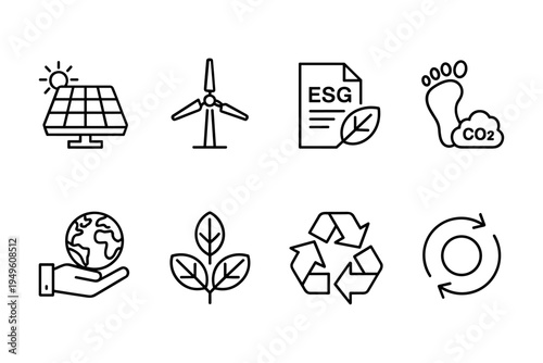 Sustainability ESG icon set. Thin line editable stroke icons for renewable energy, recycling, environmental impact, carbon footprint, green practices, water reuse, and planet care
