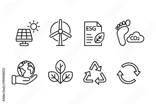 Sustainability ESG icon set. Thin line editable stroke icons for renewable energy, recycling, environmental impact, carbon footprint, green practices, water reuse, and planet care