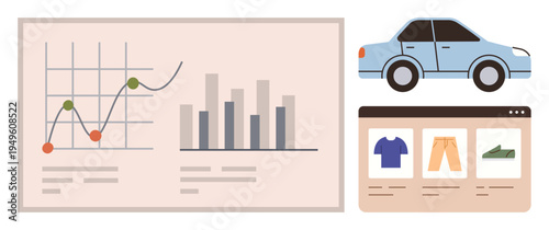 Business analysis, e-commerce trends, market research, online retail, transportation economy, graphical insights. Chart with bars and lines, car shopping interface. Business analysis and e-commerce