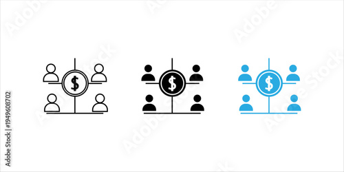 Outline icon set. showing multiple users connected through a central dollar symbol, representing financial networks, business collaboration, team investment, and shared economy systems.