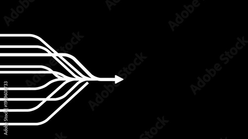 Abstract Data Flow Merge Arrow Icon, Multiple Lines Converging into Single Direction, Network Routing and Workflow Process Symbol, Technology Data Integration Concept white Line Arrow Graphic Design