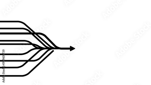 Abstract Data Flow Merge Arrow Icon, Multiple Lines Converging into Single Direction, Network Routing and Workflow Process Symbol, Technology Data Integration Concept black Line Arrow Graphic Design