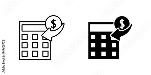 Minimal line icon showing a calculator with dollar symbol arrow representing online payments, financial calculation, digital transactions, and fintech services.