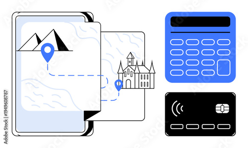 Travel planning, navigation, online transactions, tourism services, destination finding, payment methods. A digital map with location markers, payment terminal contactless card. Travel planning