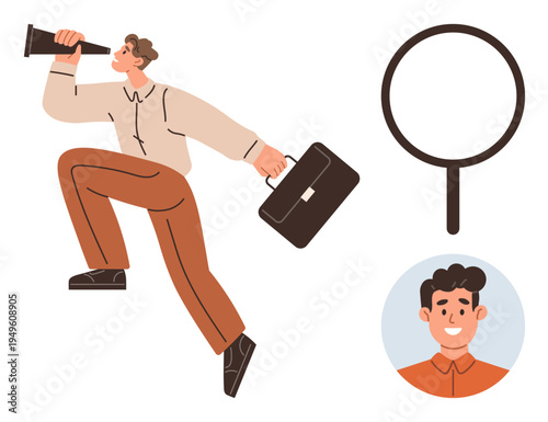 Job search, career opportunities, recruitment, professional goals, business exploration, personal growth. A person using a telescope, briefcase in hand near icons. Job search and career