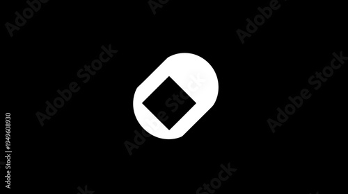 Abstract minimalist black and white geometric design featuring a white capsule shape with a central black diamond on a dark background.