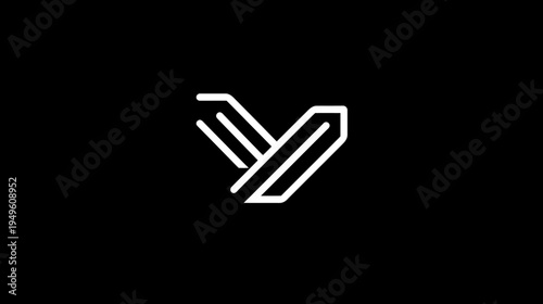 Abstract geometric white V or Y letter symbol design on black background, modern minimalist style for branding and corporate identity