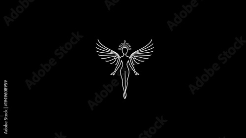 Ethereal minimalist line art of a graceful angelic figure with outstretched wings and halo on black background, spiritual beauty.