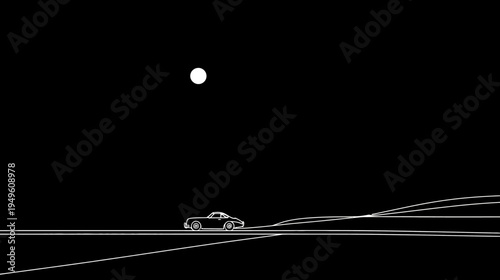 Minimalist outline of a car driving at night under a full moon on a dark road, abstract monochrome line art concept