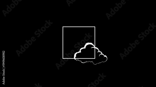 Minimalist white square outline with abstract clouds on black background, conceptualizing cloud computing and digital technology.
