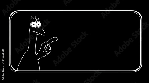 Hand-drawn funny cartoon character with big eyes pointing right in a minimalist rounded frame, vector outline illustration on black