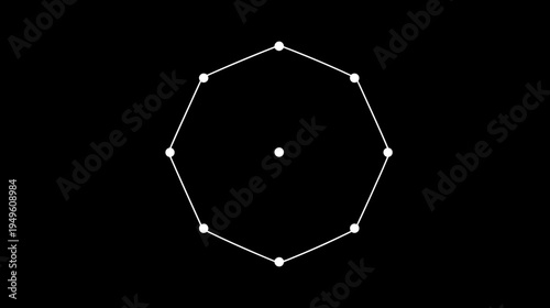 Minimalist geometric octagon shape with vertex and center points on a black background, simple abstract design