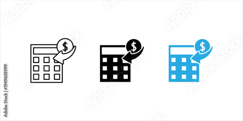 Minimal line icon showing a calculator with dollar symbol arrow representing online payments, financial calculation, digital transactions, and fintech services.