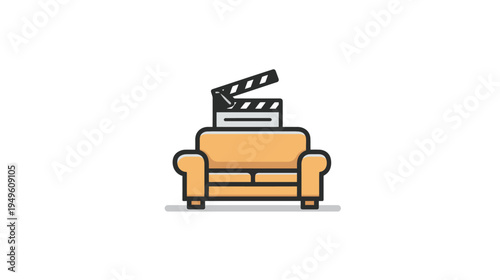 Cozy sofa with a film clapperboard on top, symbolizing home entertainment, movie night, streaming, and film production concepts.