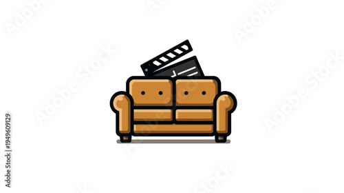 Cute Sofa with Film Clapperboard Vector Illustration. Home Cinema, Entertainment, Movie Night, and Filmmaking Concept.