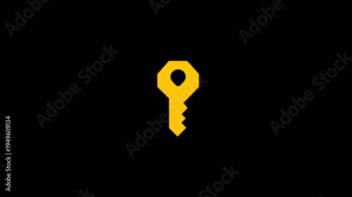 Simple yellow key icon symbolizing access, security, solutions, and privacy on a minimalist black background. Digital graphic concept.