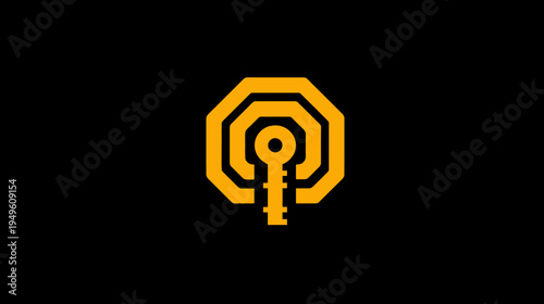 Orange Stylized Key Icon in Octagon Shape on Black Background. Digital Security, Access, Privacy and Protection Concept.