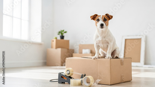 Dog sits on cardboard box in a room filled with packing materials and moving supplies during a home relocation